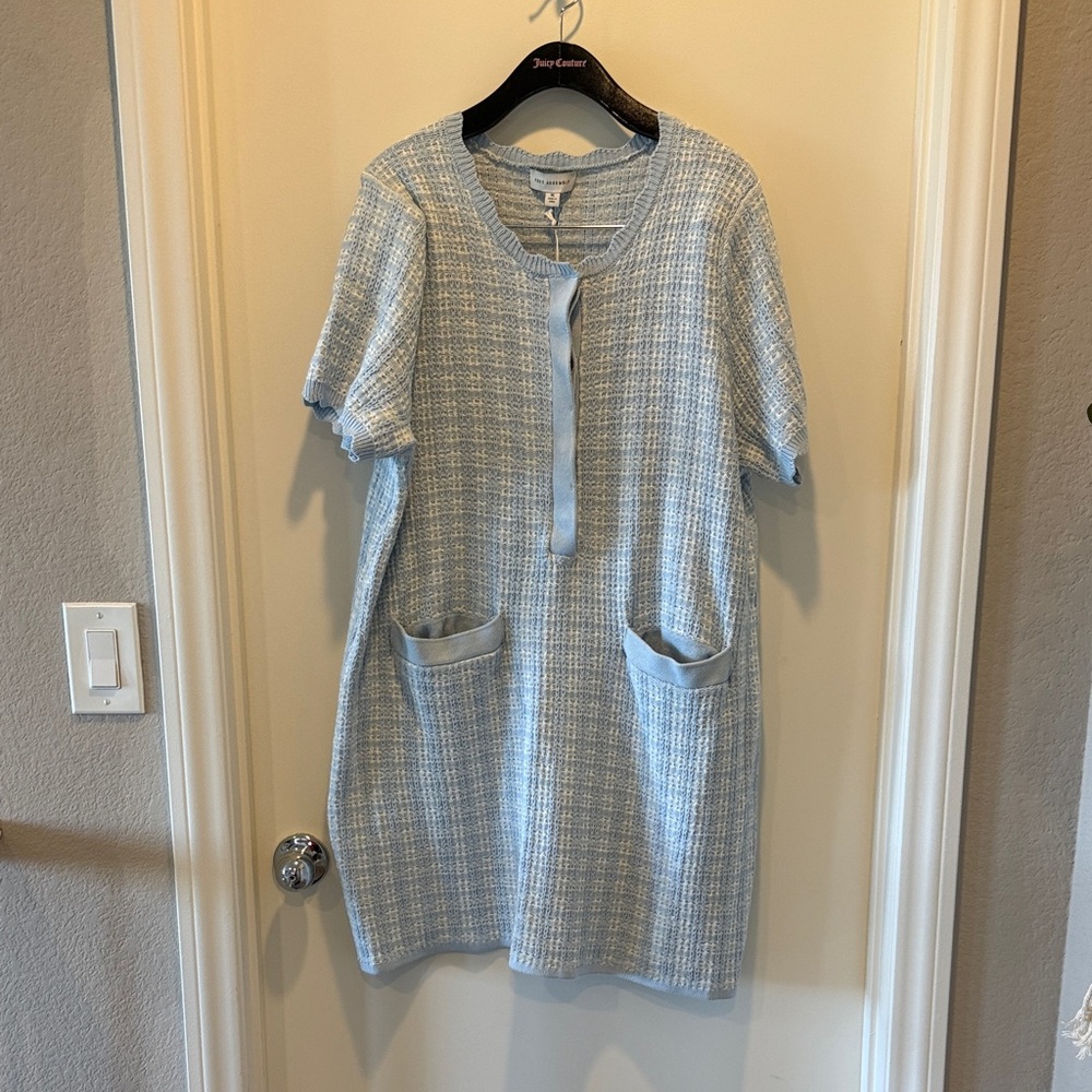 Light Blue Tweed-Texture Mini Dress with Front Pockets